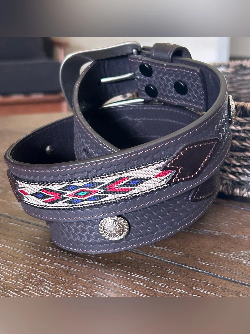 Southwestern Basketweave Brown Leather Belt Embroidered Aztec Inlay With Conchos